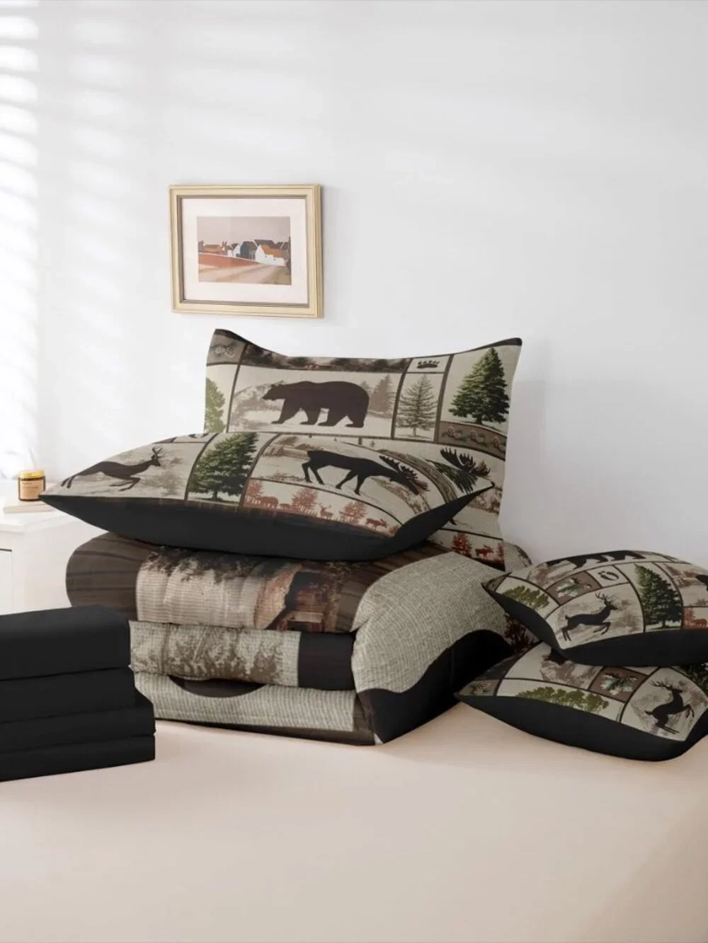 Farmhouse Cabin Bedding Set 7 Pieces,Lodge Bear Deer King Size Comforter Set wit
